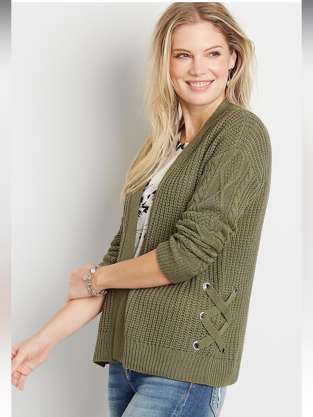 Maurices Olive Lace-Up Detail Open-Front Knit Cardigan 2XL boho granola grunge